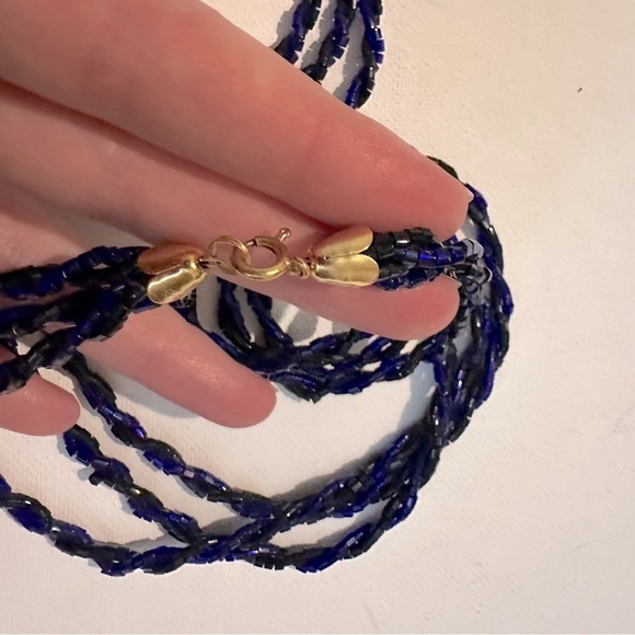 Bugle Tube Glass Beaded Blue Black Multi-Strand Torsade Necklace - Picture 5 of 6